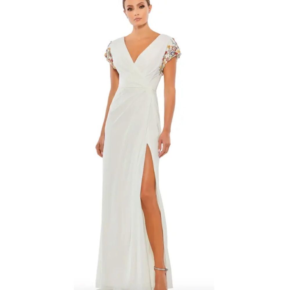 Mac Duggal 55709 Embellished Sleeve Jersey Wrap Gown White Size 4